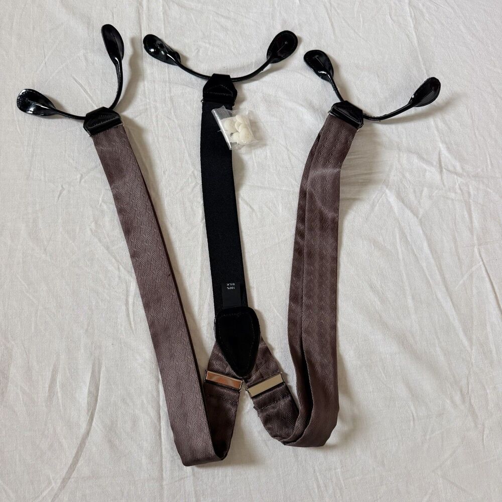 Mens Wearhouse Suspenders XL Taupe 100% Silk Button Braces Y Back Formal NWT